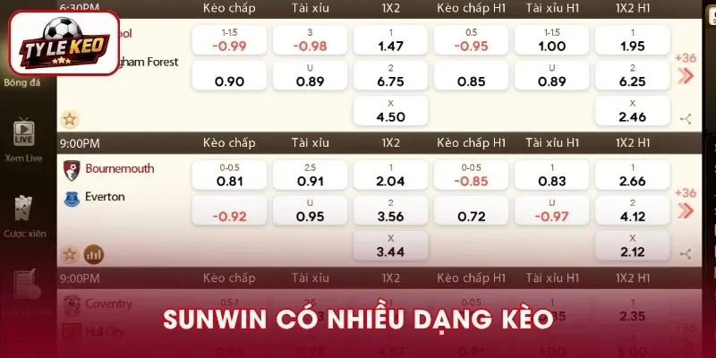 Sunwin có nhiều dạng kèo phong phú, tỷ lệ ăn đậm